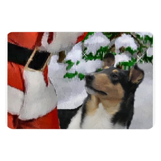 Magnet Flexible Tri Couleur lisse Collie Avec Père Noël Christmas (Horizontal)
