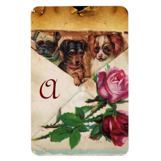 MAGNET FLEXIBLE TROIS CHIOTS AVEC ROSES MONOGRAMME (Vertical)