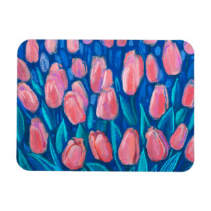 Magnet Flexible Tulipes roses Champ Bleu, Fleurs de Printemps Art