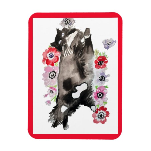 Magnet Flexible Tuxedo Chat Cute Jolie Fleurs Chats Aquarelle (Vertical)