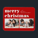 Magnet Flexible Typographie rouge Retro Joyeux Noël Deux photos<br><div class="desc">Joyeux Noël! Apportez une touche de joie de vacances à votre maison avec notre Aimant photo de Noël personnalisable! Parfait pour exposer des souvenirs chéris, cet aimant vous permet de le personnaliser avec votre photo festive préférée, ce qui en fait un ajout unique à votre décor de vacances. Il présente...</div>