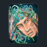 Magnet Flexible Un elfe vert provocateur parmi les feuilles<br><div class="desc">Un portrait d'un bel elfe mâle vert émeraude et brun orange,  vous regardant. Art par Alexandra Cook alias Linandara. Bon appétit !</div>
