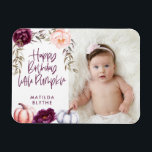 Magnet Flexible Un petit citrouille chute violet pêche photo d'ann<br><div class="desc">Fleur et citrouille automne aimant fête d'anniversaire en violet et pêche. Avec une belle aquarelle fleurie,  feuillage et design citrouille. Design automne/automne idéal. Idéal pour les anniversaires d'automne.</div>