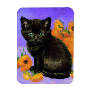 Magnet Flexible Van Gogh Kitten noir avec des tournesols