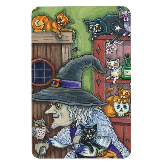 MAGNET FLEXIBLE VIEILLE WITCH HAPPY HOME, BEAUCOUP DE CHATS & OWL  (Vertical)