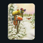 Magnet Flexible Vintage Christmas, Mailboxes in Winter Landscape<br><div class="desc">Vintage illustration Victorian Era Merry Christmas holiday image featuring a snowscape with snow covered mailboxes filled with Christmas mail and presents in winter. A horse drawn carriage is driving down the snowy street with trees and a forest on the side. Happy Holidays and Season's Greetings!</div>