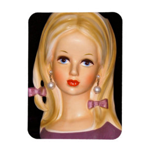 Magnet Flexible Vintage Lady Head Ado Girl Purple Bows 1960