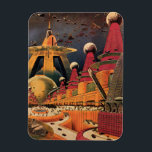 Magnet Flexible Voiture volant vintage de science fiction futurist<br><div class="desc">illustration vintage image de science-fiction voyage et transport avec un livre classique retro sci fi milieu urbain avec une ville de l'avenir. Les bâtiments architecturaux sont en forme de cônes et les véhicules volent dans le ciel comme des oiseaux tandis que la foule se déplace à travers la métropole.</div>
