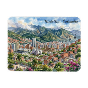 Magnet Flexible Vue panoramique de Medellín, Colombie, Art aquarel