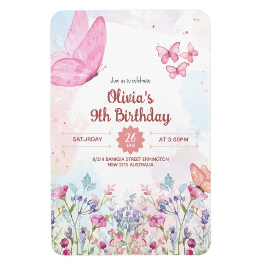 Magnet Flexible Watercolor Pastel Butterfly Birthday Invitation (Vertical)