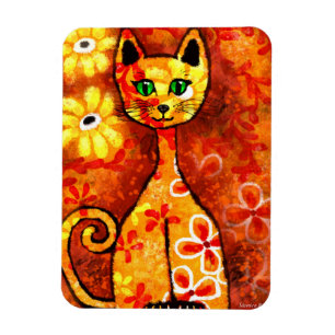 Magnet Flexible Whimsical Retro Kitty Chat Abstrait Art Orange