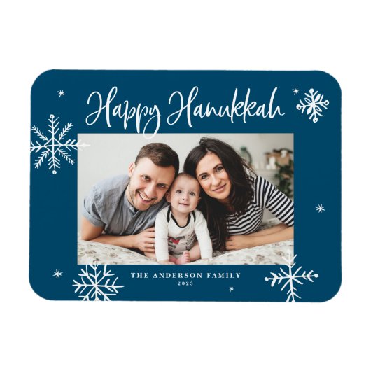 Magnet Flexible Whimsical Snowflakes Blue Happy Hanoukka Photo (Horizontal)