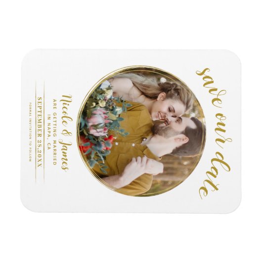 Magnet Flexible White & Gold Modern Round Photo Enregistrer la dat (Horizontal)