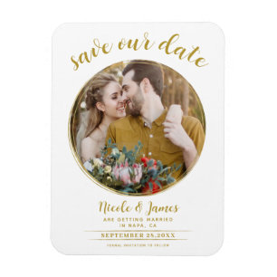 Magnet Flexible White & Gold Modern Round Photo Enregistrer la dat