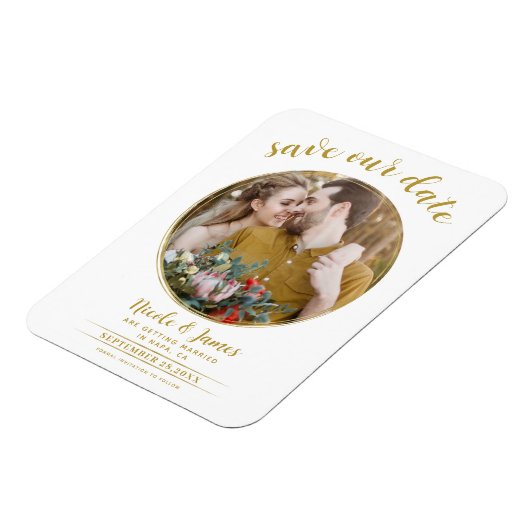 Magnet Flexible White & Gold Modern Round Photo Enregistrer la dat (Côté Gauche)