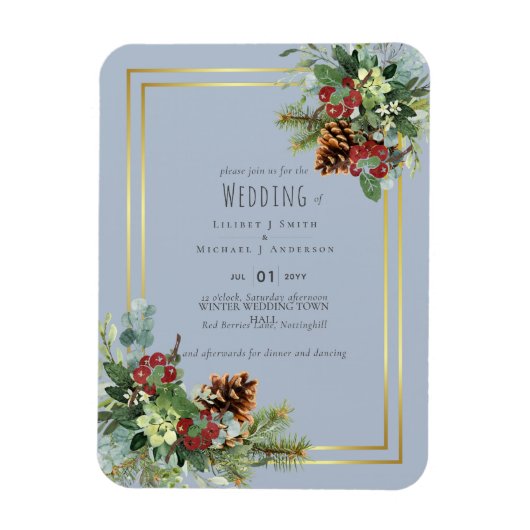 Magnet Flexible Winter Red Berries Pine Cones Wedding (Vertical)