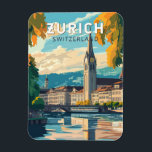 Magnet Flexible Zurich Suisse Travel Art Vintage<br><div class="desc">Design de voyage vectoriel rétro de Zurich. Les ruelles pittoresques du centre d'Altstadt (vieille ville),  de part et d'autre de la rivière Limmat,  reflètent son histoire d'avant-Moyen-Age.</div>