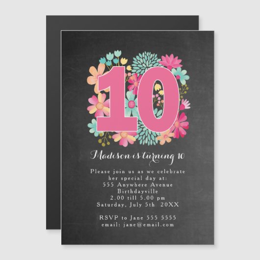 MAGNET Girls Floral 10th Birthday Party Magnetische Uitnodiging (Voorkant / Achterkant)