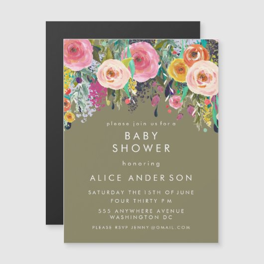 |MAGNET| Invitation Baby shower floral peint (Devant / Derrière)