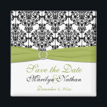 Magnet Mariage damassé vert, blanc et noir<br><div class="desc">Ceci enregistre la date de l'aimant correspond aux invitations et autres éléments indiqués ci-dessous. Vous pouvez également le customiser pour dire "Merci" et l'utiliser comme une faveur de mariage pour vos invités. S'il y a d'autres articles correspondants dont vous avez besoin,  s'il vous plaît envoyez-moi votre demande par courriel.</div>
