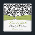 Magnet Mariage damassé vert, blanc et noir<br><div class="desc">Ceci enregistre la date de l'aimant correspond aux invitations et autres éléments indiqués ci-dessous. Vous pouvez également le customiser pour dire "Merci" et l'utiliser comme une faveur de mariage pour vos invités. S'il y a d'autres articles correspondants dont vous avez besoin,  s'il vous plaît envoyez-moi votre demande par courriel.</div>