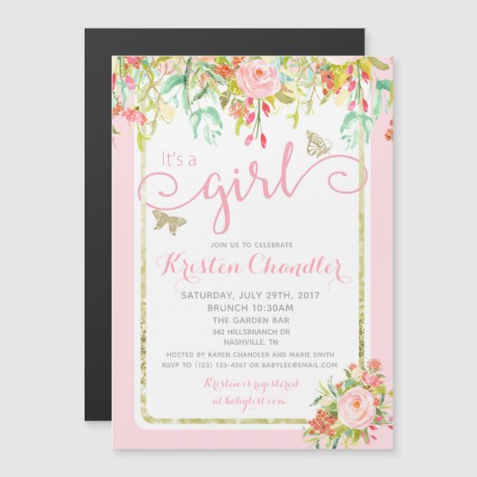 MAGNET Papillon Girl Floral Rose Baby Invitation (Devant / Derrière)
