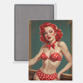 Magnet Pin-Up aux cheveux rouges et bikini à pois (Recto/Verso)