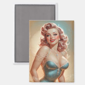 Magnet Pin-Up Blonde Glamour Robe Bleue Dentelle (Recto/Verso)