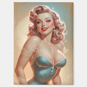 Magnet Pin-Up Blonde Glamour Robe Bleue Dentelle Magneet
