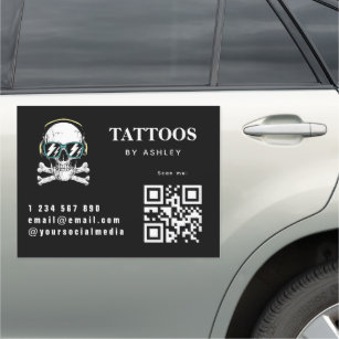 Magnet Pour Voiture Tattoo Artist Studio Salon Skull Logo & QR Code