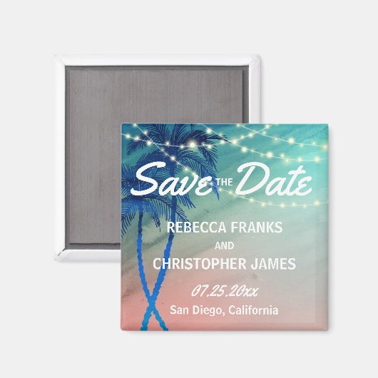 Magnet Réservez la date palmier | Pêche bleue Turq (Recto/Verso)