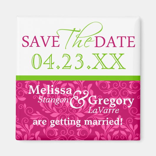 Magnet Réservez la date rose chaud vert Damas (Devant)