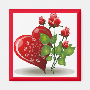 MAGNET VALENTINE ROUGE COEUR ET ROSES ROUGES