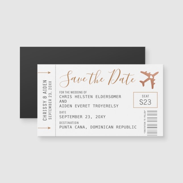 Magnetic Mini Boarding Pass Save the Date Copper (Voorkant / Achterkant)