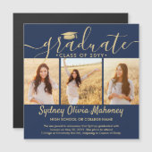 Magnetic Navy & Gold Afstuderen Fotoaankondiging Magnetische Uitnodiging (Voorkant / Achterkant)