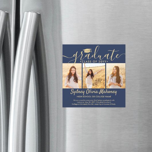 Magnetic Navy & Gold Afstuderen Fotoaankondiging Magnetische Uitnodiging