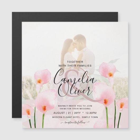 MAGNETIC Roze Calla Lily PHOTO Wedding Invite (Voorkant / Achterkant)