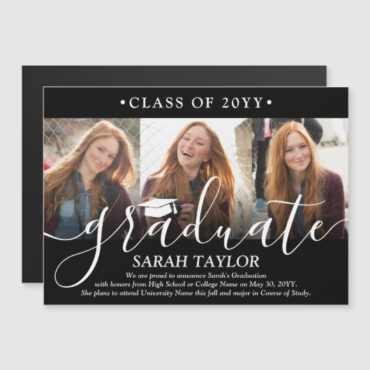 Magnétique 3 Photo Black Graduation Faire-part (Devant / Derrière)
