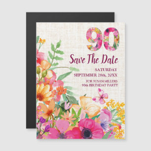 Magnétique 90 ans de lin floral Invitation de sauvegarde de d