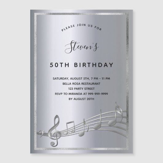 Magnétique Anniversaire argent notes musique invitation aiman (Devant)
