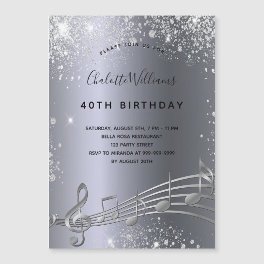 Magnétique Anniversaire argent notes musique invitation aiman (Devant)