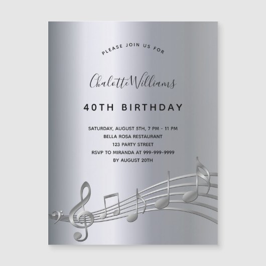 Magnétique Anniversaire argent notes musique invitation aiman (Devant)