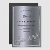 Magnétique Anniversaire noir argent notes musique invitation  (Devant / Derrière)