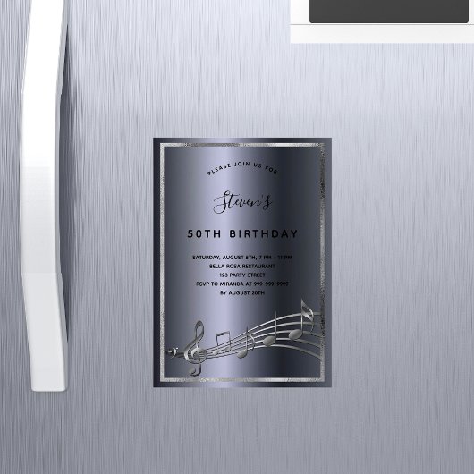 Magnétique Anniversaire noir argent notes musique invitation 