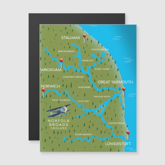 Magnétique Carte de Norfolk Broads Angleterre. (Devant / Derrière)