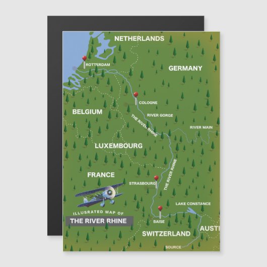 Magnétique Carte de voyage du Rhin rétro. (Devant / Derrière)
