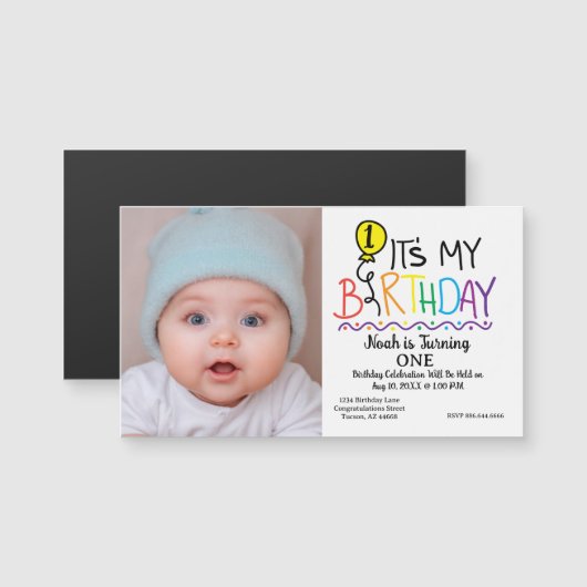 Magnétique Carte d'invitation pour le premier anniversaire -  (Devant / Derrière)