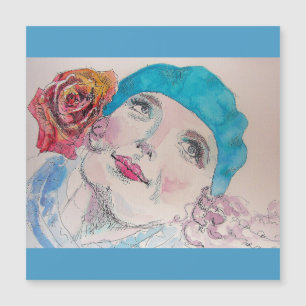 Magnétique Fille avec Béret Rose Rouge Aquarelle Carte magnét