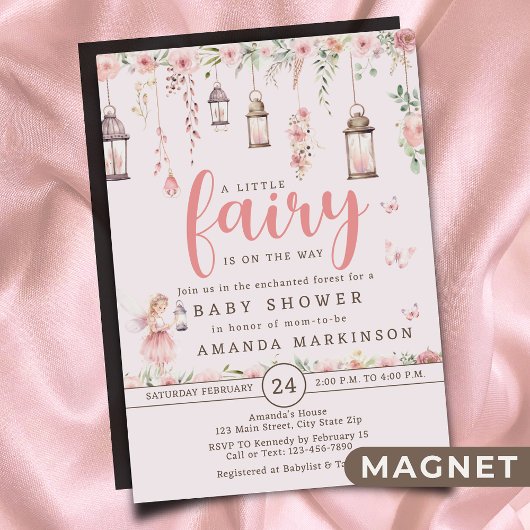 Magnétique Petite fée enchantée Baby shower rose Invitation