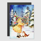 Magnétique Petite fille avec la carte de Noël Arbre (Devant / Derrière)